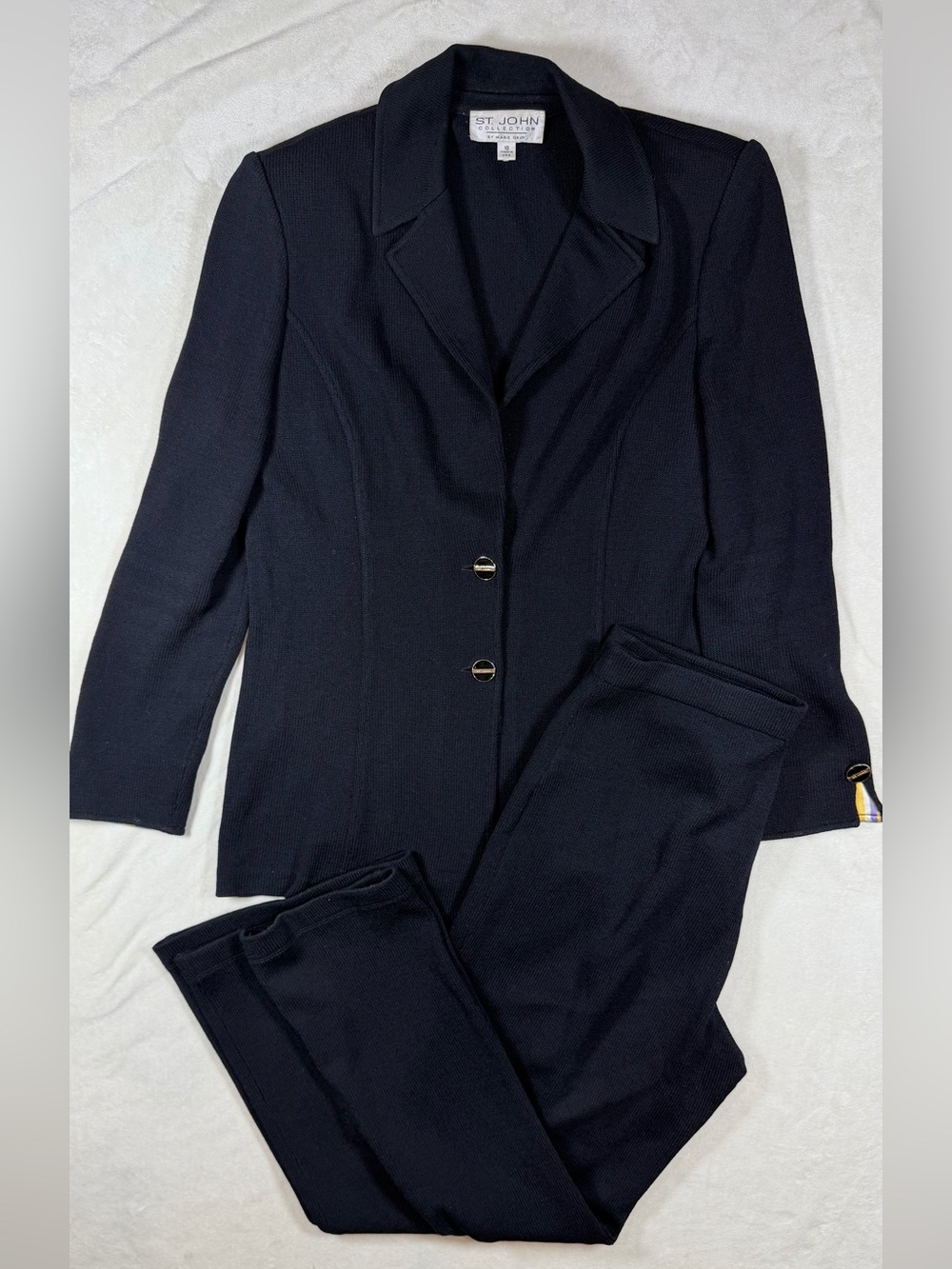 St. John Marie Gray Size 10 Black Knit Blazer and Pants Set with Gold Accents